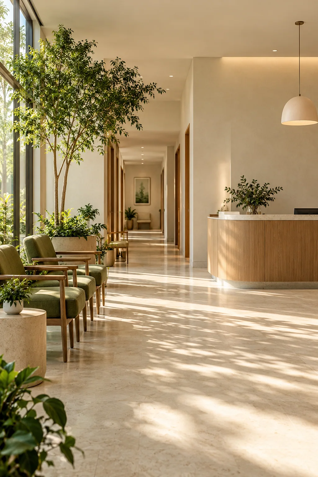 Illustrative sunlit clinic waiting area with warm wood and green seating